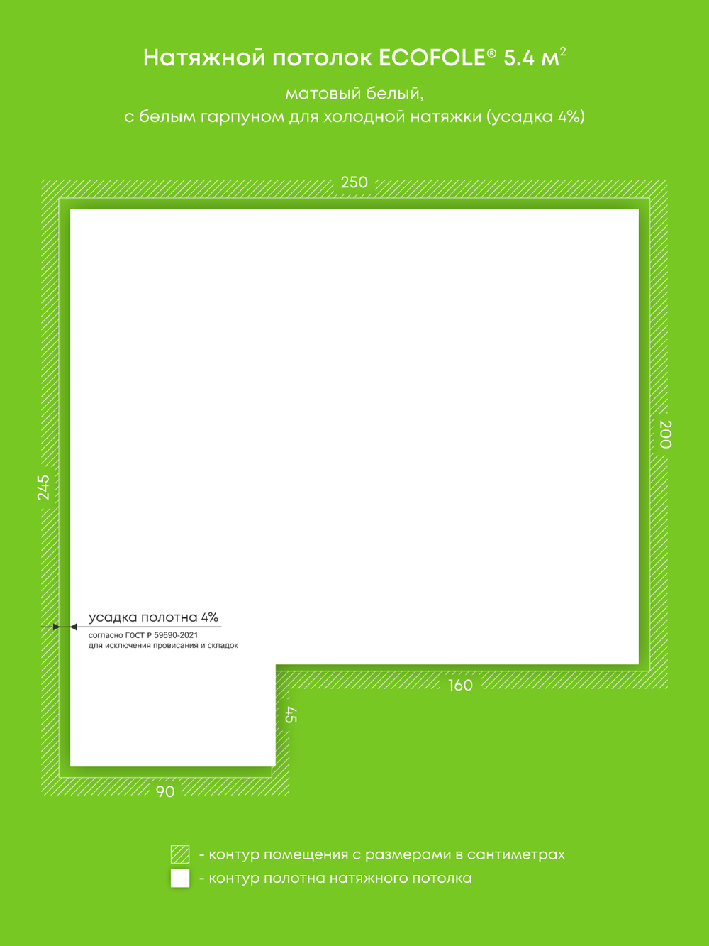 Матовый натяжной потолок 5.4 м2