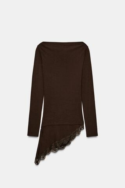 ZARA ФУТБОЛКА С АСИММЕТРИЧНЫМ НИЗОМ И КРУЖЕВОМ, ШОКОЛАДНЫЙ
