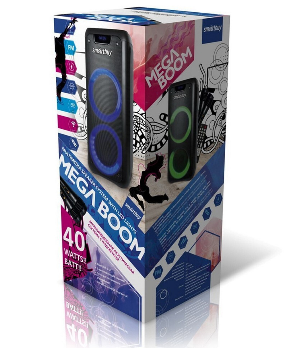 Колонка 2.0 SmartBuy MEGA BOOM, 40Вт, ВТ, МР3, FM, 2 микрофона, ПДУ, LED-свет