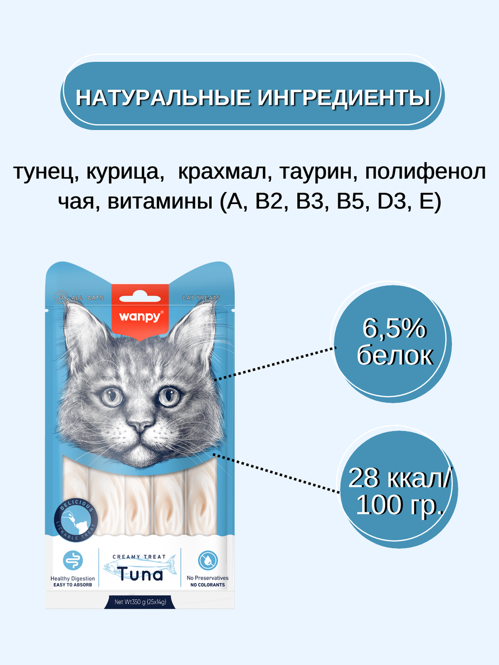 Wanpy Cat Лакомство для кошек "нежное пюре" из тунца 25 шт х14 г