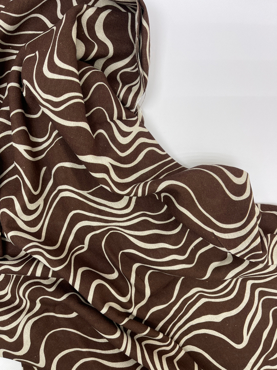 Плательная лен принт волны, бежевые на коричневом D5C1