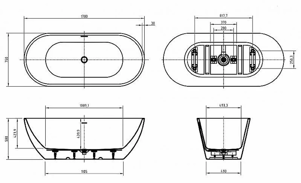 Ванна акриловая BelBagno UNO 170х75