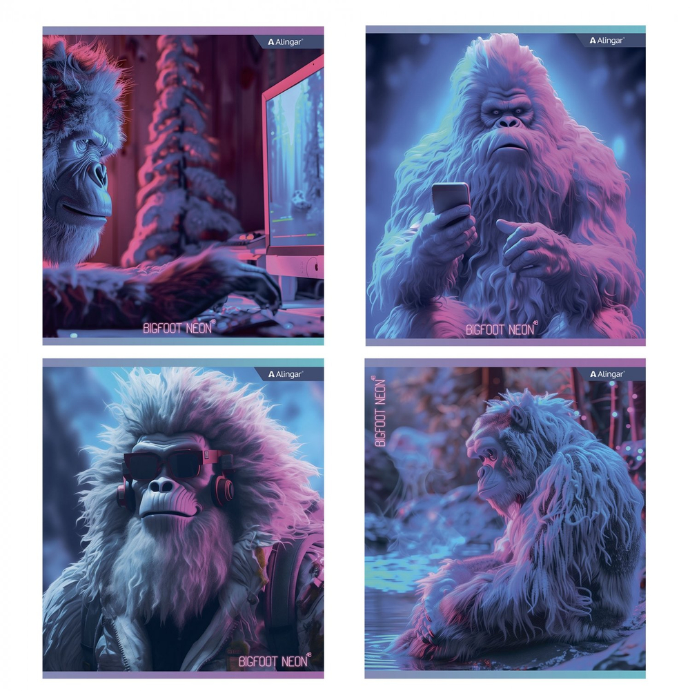 Тетрадь 48л., А5, клетка, Alingar "Big foot, Neon", скрепка, мелованный картон (стандарт), блок офсет, 4 дизайна в пленке т/у