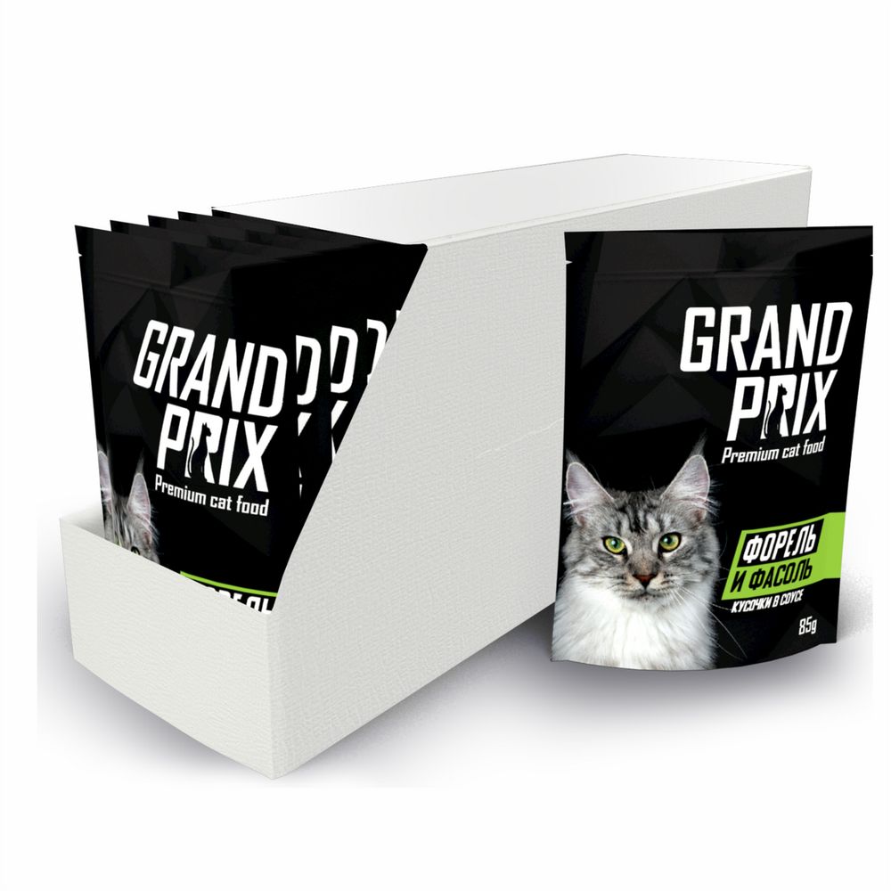 Паучи Grand Prix для кошек кусочки в соусе форель и фасоль 85 г