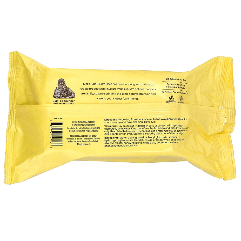 Burt's Bees, универсальные гипоаллергенные салфетки с медом, для собак, грейпфрут, 100 шт.