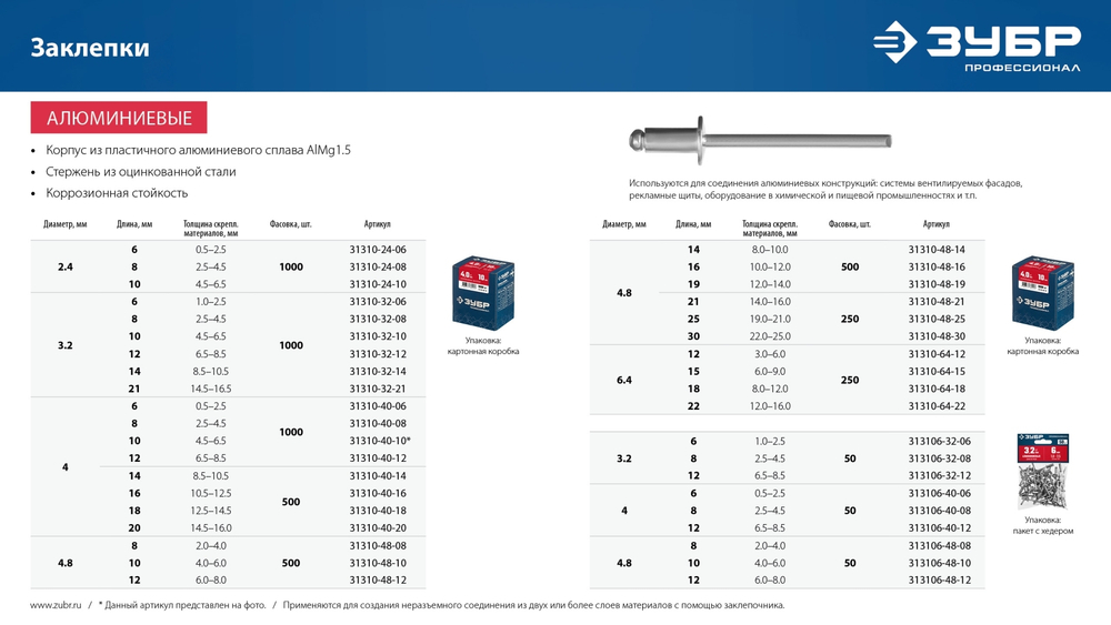 ЗУБР 3.2 x 21 мм, 1000 шт, алюминиевые заклепки, Профессионал (31310-32-21)