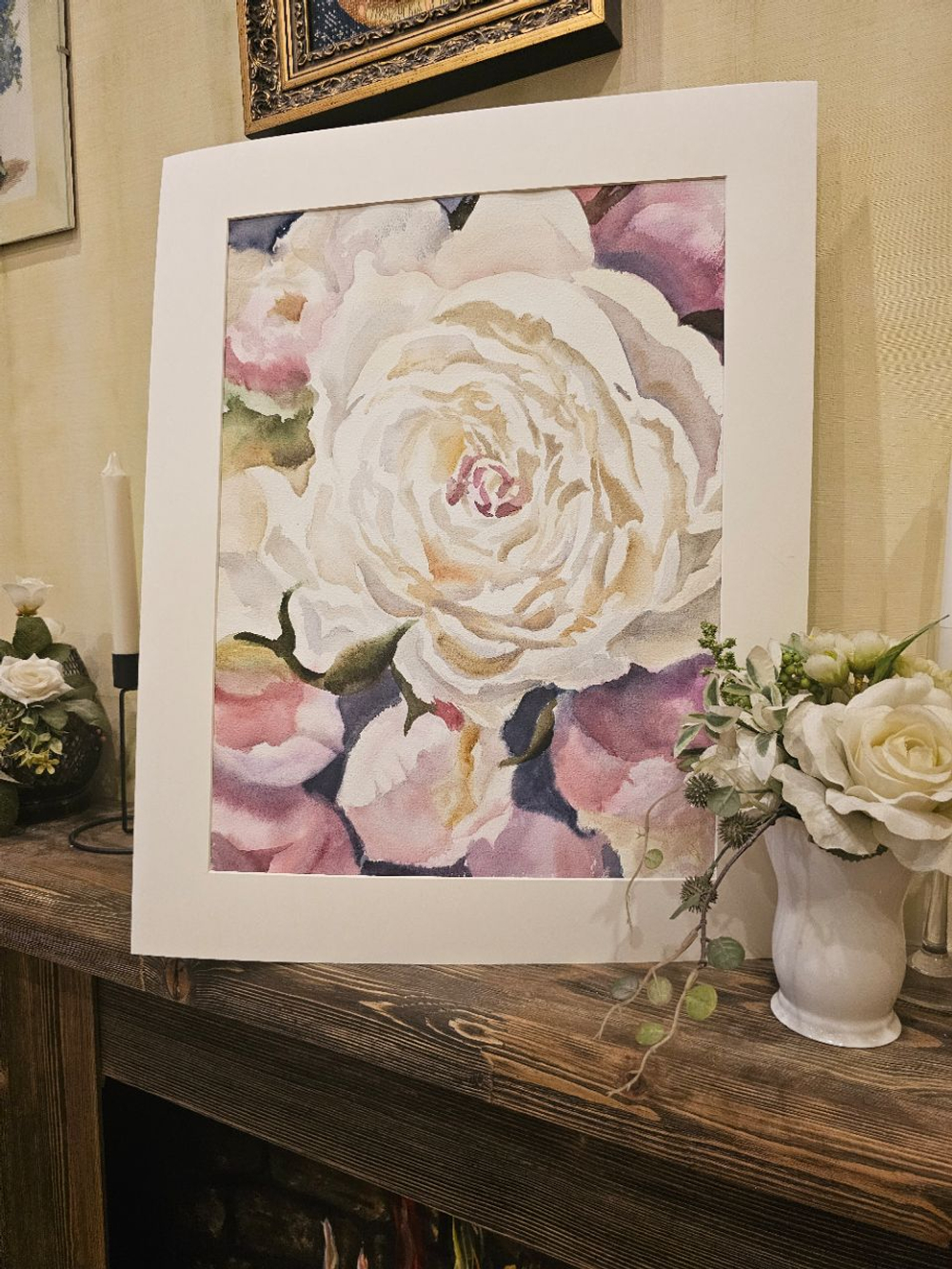 Картина авторская акварельная в паспарту 40х50 см на стену для интерьера "Белый пион"