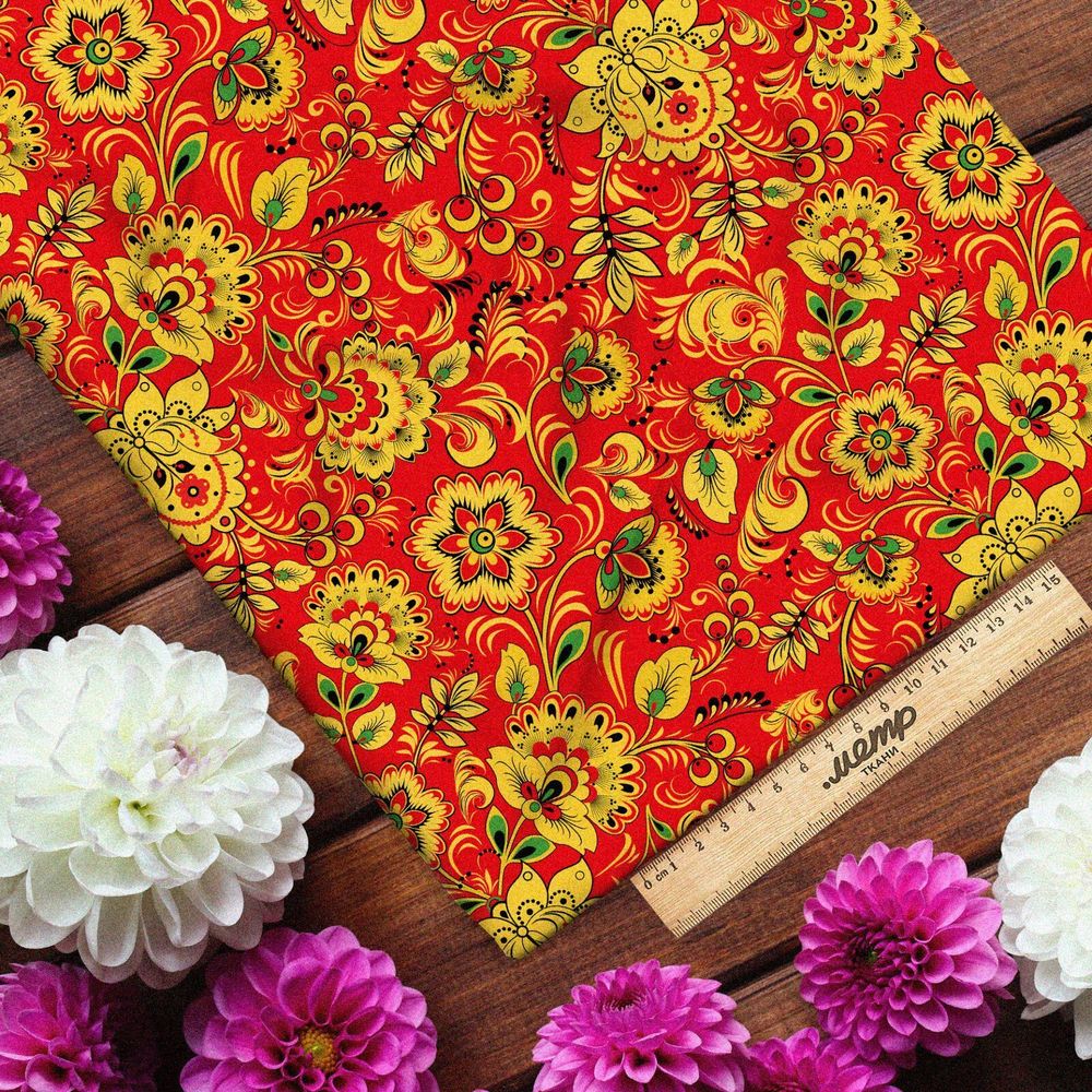 Ткань шифон хохломская роспись