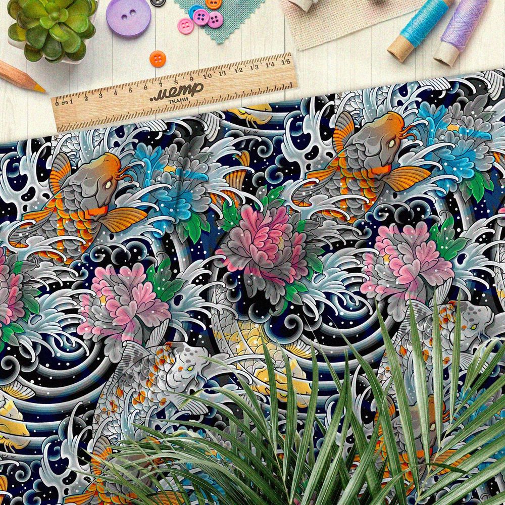 Ткань мембрана японские карпы с бутонами на волнах