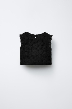 ZARA ТРИКОТАЖНЫЙ ТОП ИЗ КРУЖЕВА КРОШЕ, ЧЕРНЫЙ