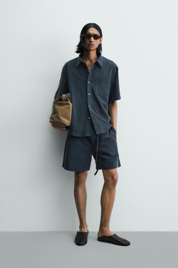 ZARA ШОРТЫ RELAXED FIT С ЭФФЕКТОМ ПОТЕРТОСТИ, ЛИНЯЛЫЙ НЕФТЯНОЙ