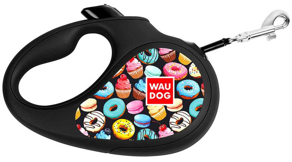 Поводок-рулетка WAUDOG R-leash, "Пончики", S, до 15 кг, 5 м, светоотражающая лента черный