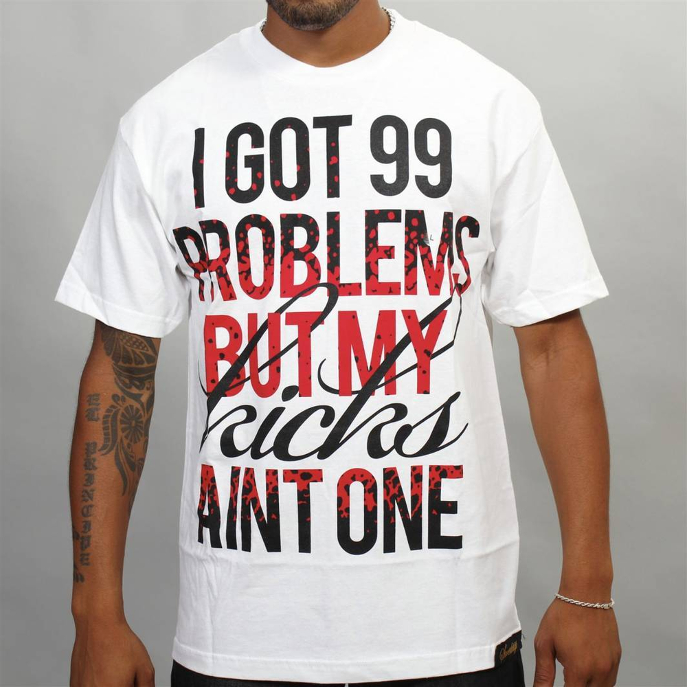 Футболка Sneaktip 99 Problems Splash белая с красным на человеке вид спереди