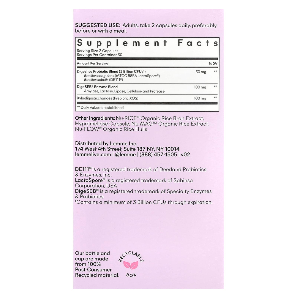 Lemme, Debloat, ежедневные пищеварительные ферменты и пробиотики, 60 веганских капсул