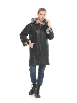Женское пальто из натуральной кожи  с капюшоном двустороннее