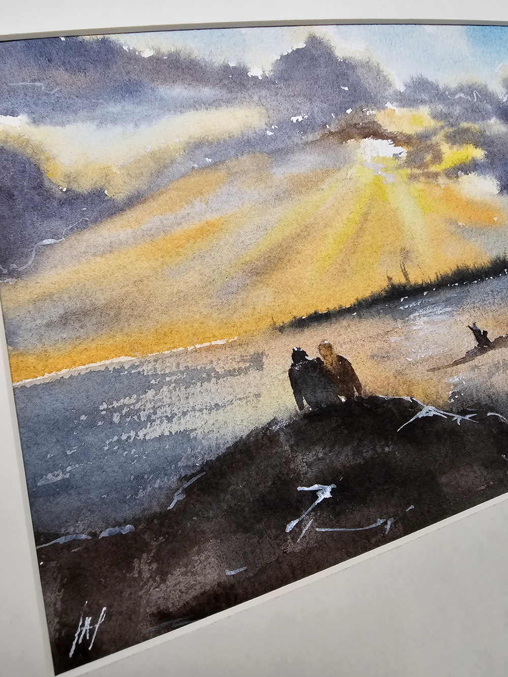 Картина авторская акварельная в паспарту 21*30 см на стену для интерьера "Он, она и собака"