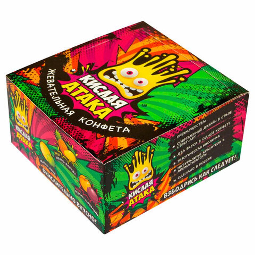 Конфета жевательная КИСЛАЯ АТАКА ассорти 3 вкусов, 11 г, KA-10-1