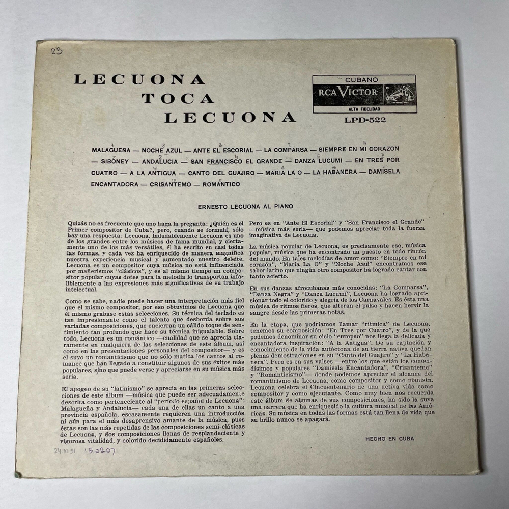 Винтажная виниловая пластинка LP Lecuona Plays Lecuona (Cuba Куба 1958)