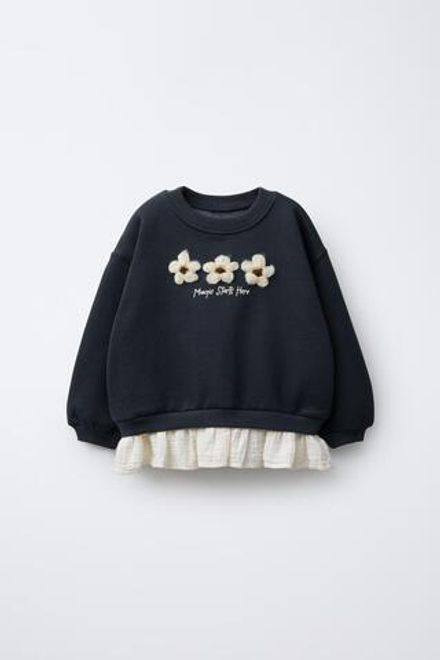 ZARA КОМБИНИРОВАННАЯ ТОЛСТОВКА С ЦВЕТОЧНОЙ АППЛИКАЦИЕЙ, ТЕМНЫЙ АНТРАЦИТ