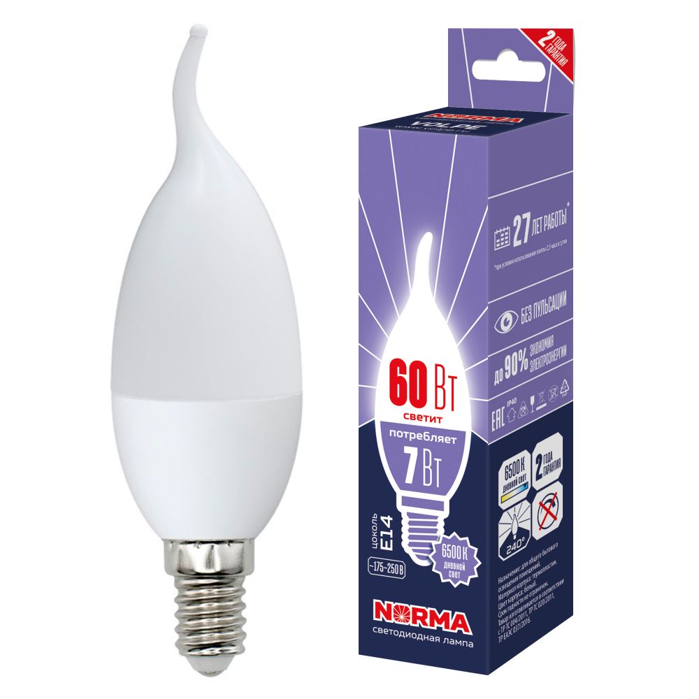 LED-CW37-7W-6500K-E14-FR-NR Лампа светодиодная. Форма свеча на ветру. матовая. Серия Norma. Дневной белый свет 6500K. Картон. ТМ Volpe