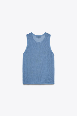 ZARA ТРИКОТАЖНЫЙ ТОП ИЗ 100% ХЛОПКА, СИНИЙ