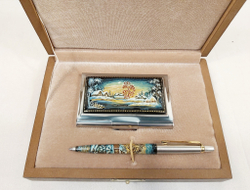 Набор "Деревенька. Зима" визитница и ручка Parker с ручной росписью Палех