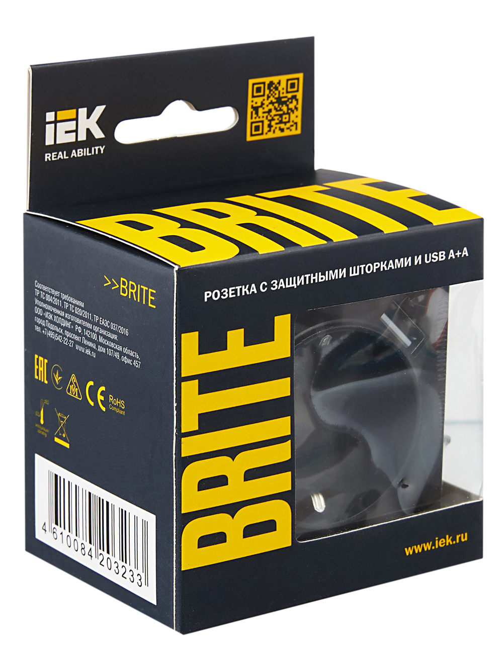 BRITE Розетка 1-местная с заземлением с защитными шторками 16А с USB A+A 5В 2,1А РЮш10-1-БрЧ черный IEK