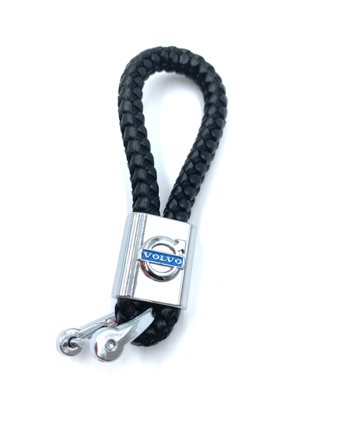 Брелок для ключей кожаный с эмблемой Volvo с карабином (кожзам, косичка, черный цвет)