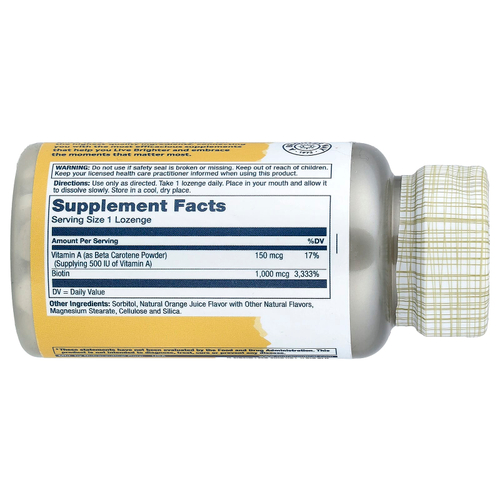 Solaray, пастилки с биотином, натуральный апельсиновый вкус, 1000 мкг, 100 пастилок