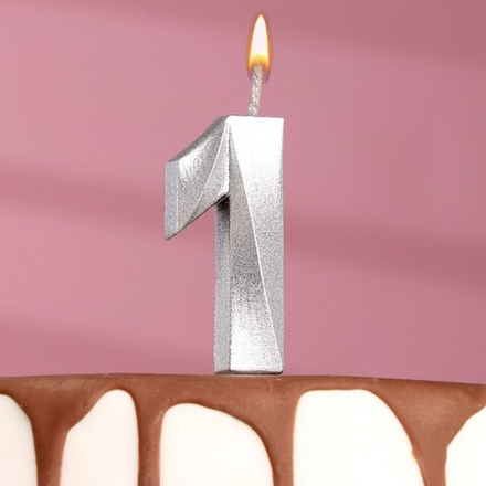 Свеча в торт "Грань", цифра "1", серебряный металлик