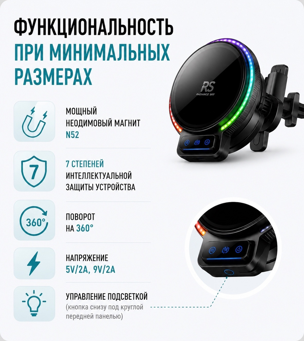 Автомобильный держатель 3 в 1 с магнитной зарядкой для телефона и часов