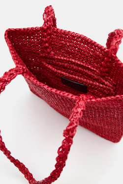 ZARA ПЛЕТЕНАЯ МИНИ СУМКА-ТОУТ, КРАСНЫЙ