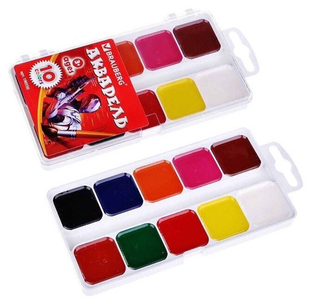 Краски акварельные BRAUBERG "АКАДЕМИЯ", 10 цветов, медовые, квадратные кюветы, пластиковый пенал, 190550