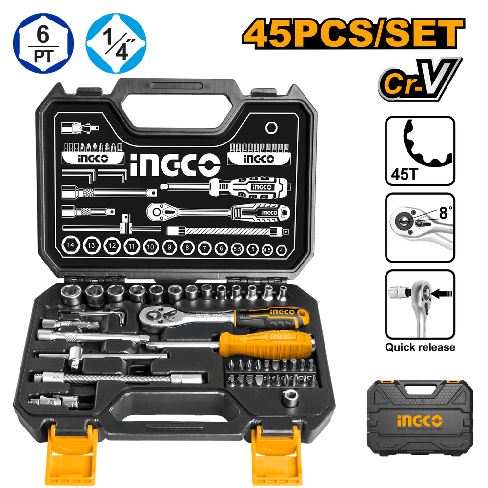 Набор торцевых головок INGCO HKTS14451 INDUSTRIAL 1/4&quot; 4-14 мм 45 шт.