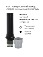 Турбодефлектор TD160, вент. выход утепленный высотой Н-700 с переходом D110, проходной элемент для битумной кровли