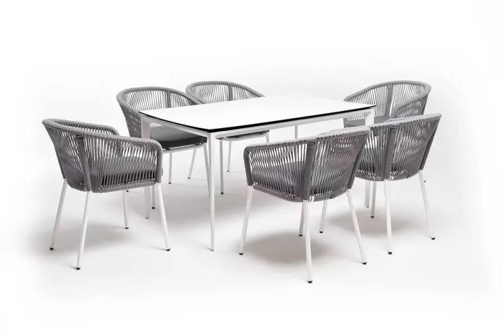 "Малага" обеденная группа на 6 персон со стульями "Марсель", каркас белый, роуп светло-серый