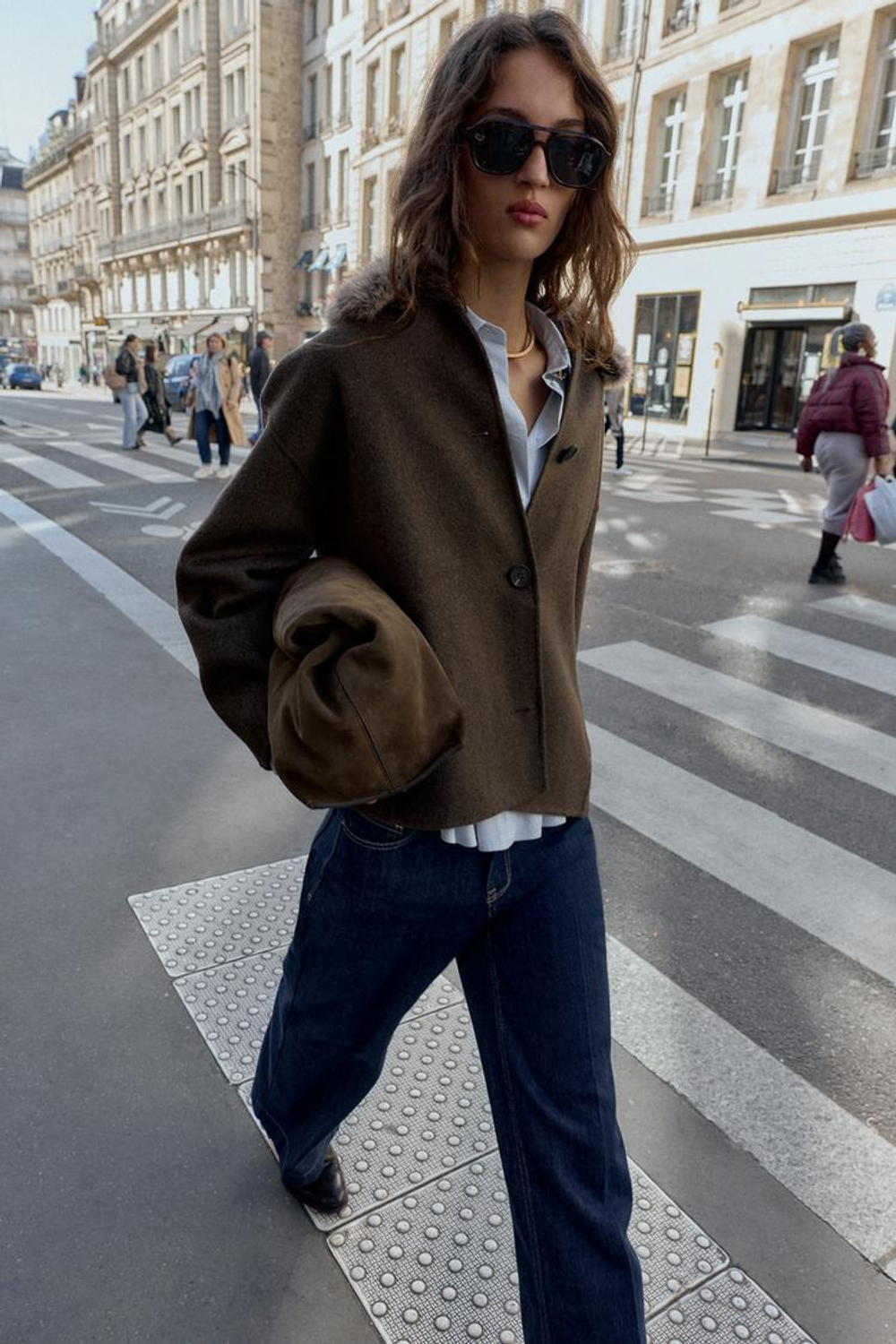 ZARA ПАЛЬТО ИЗ ШЕРСТИ С ВОРОТНИКОМ ИЗ ИСКУССТВЕННОГО МЕХА, ТЕМНЫЙ ХАКИ