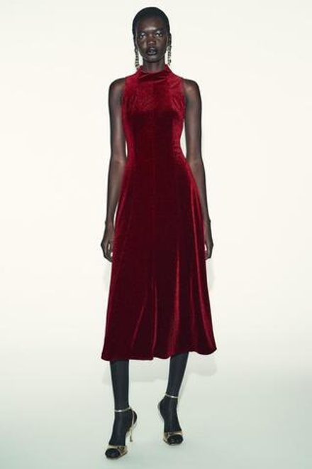 ZARA БАРХАТНОЕ ПЛАТЬЕ МИДИ, ГРАНАТОВЫЙ