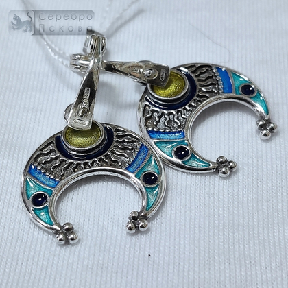 Серьги "Лунница с вписанным солнцем" (горячая эмаль)