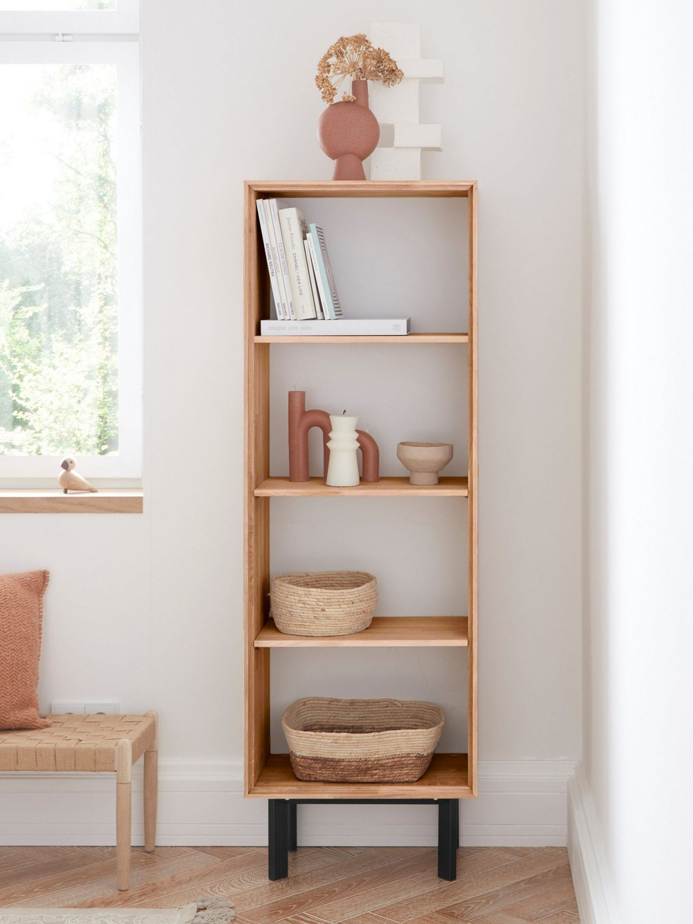 Дизайнерский стеллаж из массива дуба Виби 151х50х31 в стиле лофт, на металлических ножках