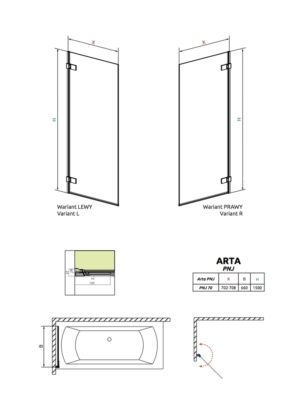 Шторка на ванну Radaway Arta PN 70x150 правая, крепится справа схема