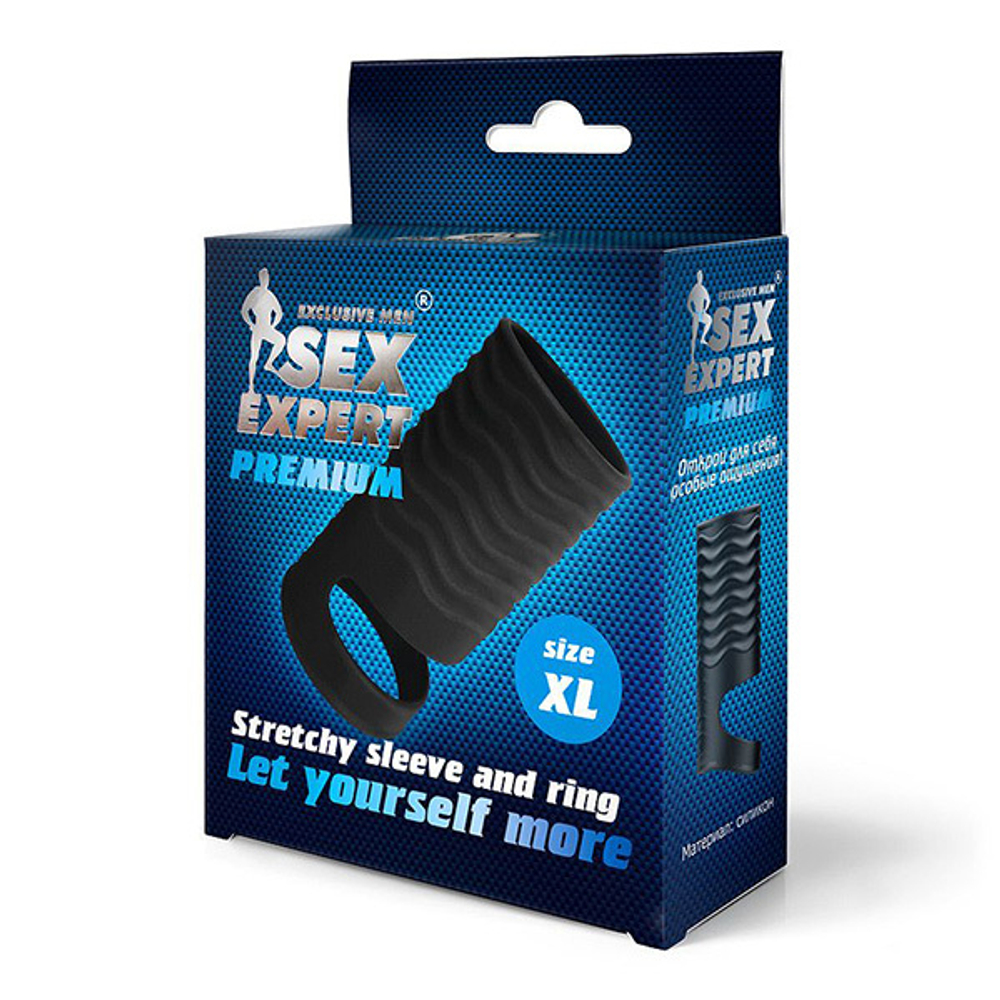 Черная открытая насадка 8,9см на пенис с кольцом для мошонки размер XL Bior Toys Sex Expert SEM-55226