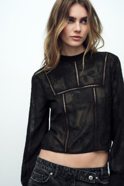 ZARA ТОП С ВЫШИВКОЙ И КРУЖЕВОМ, ЧЕРНЫЙ