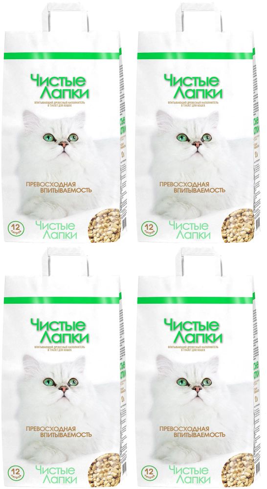 Наполнитель Чистые Лапки древесный, 12 л - 4 шт