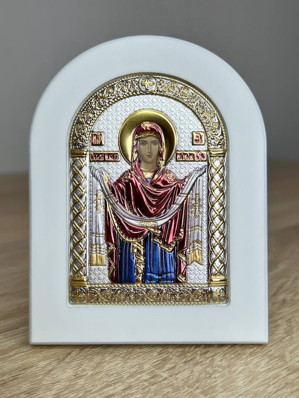 Покрова БМ, икона арочная, белое дерево, эмаль 105х140