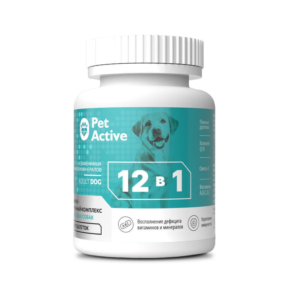 PETACTIVE Витаминно-минеральный комплекс 12 в 1 для взрослых собак всех пород (100 таблеток)