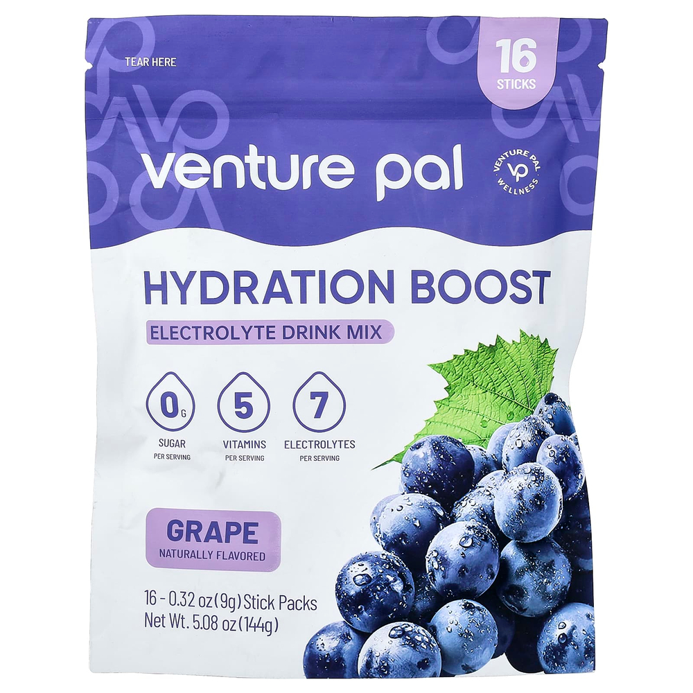 Venture Pal, Hydration Boost, смесь для приготовления электролитического напитка, со вкусом винограда, 16 пакетиков по 9 г (0,32 унции)