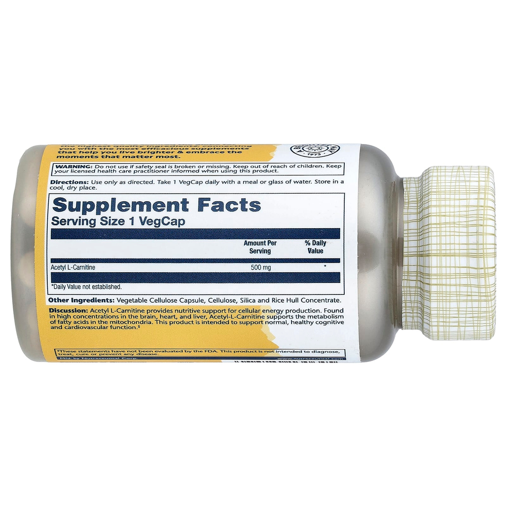 Solaray, Ацетил L-карнитин, 500 мг, 30 растительных капсул