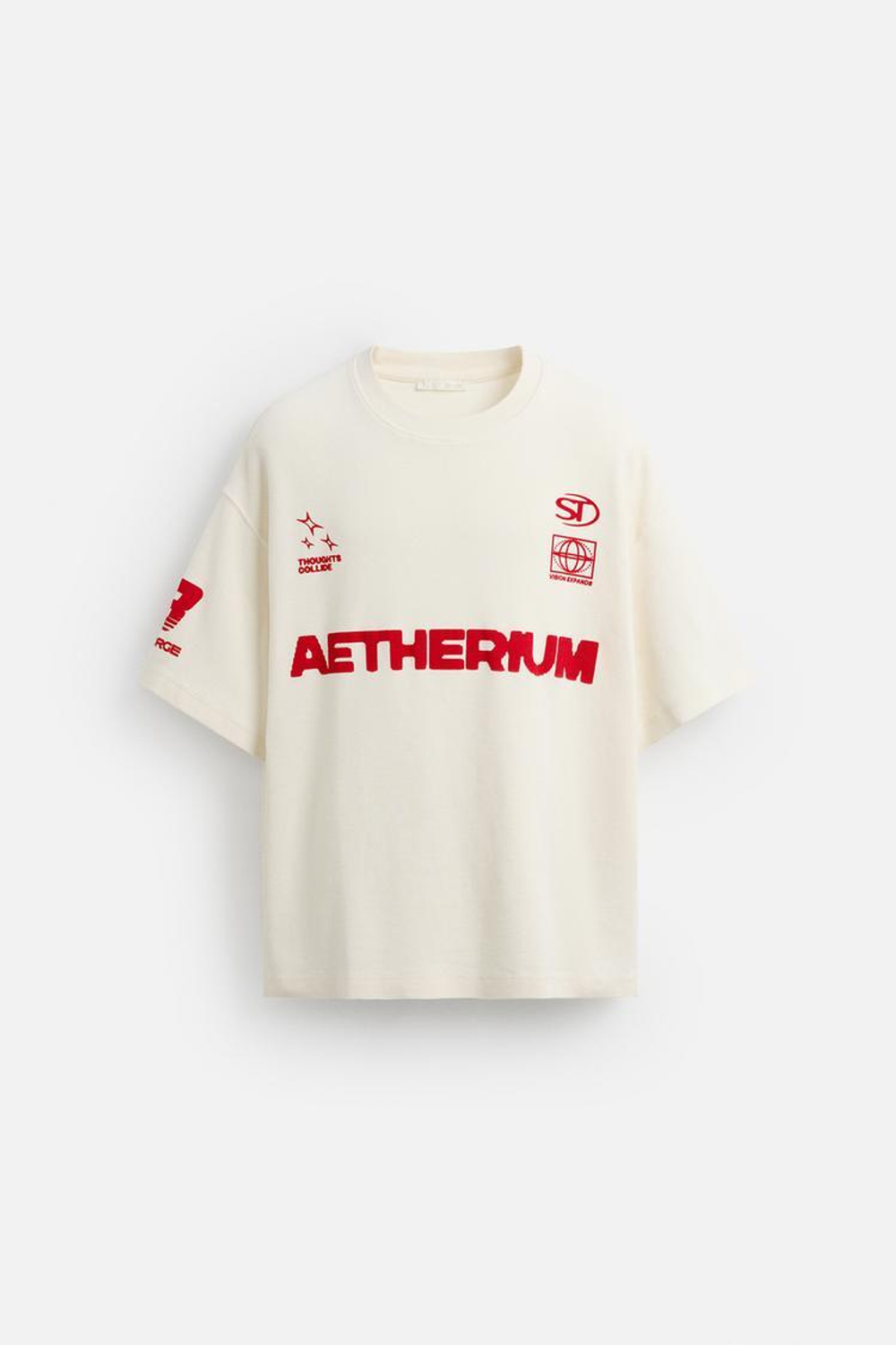 ZARA ТОЛСТОВКА ИЗ РЕЛЬЕФНОЙ ТКАНИ С НАДПИСЬЮ, ЭКРЮ