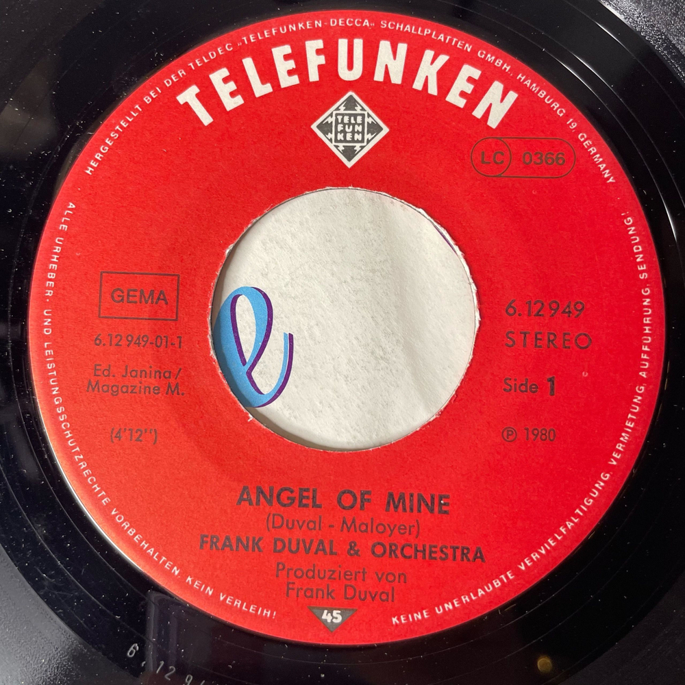 Винтажная виниловая пластинка 7 дюймов (маленькая пластинка) Frank Duval and Orchestra Angel Of Mine (Germany 1980)